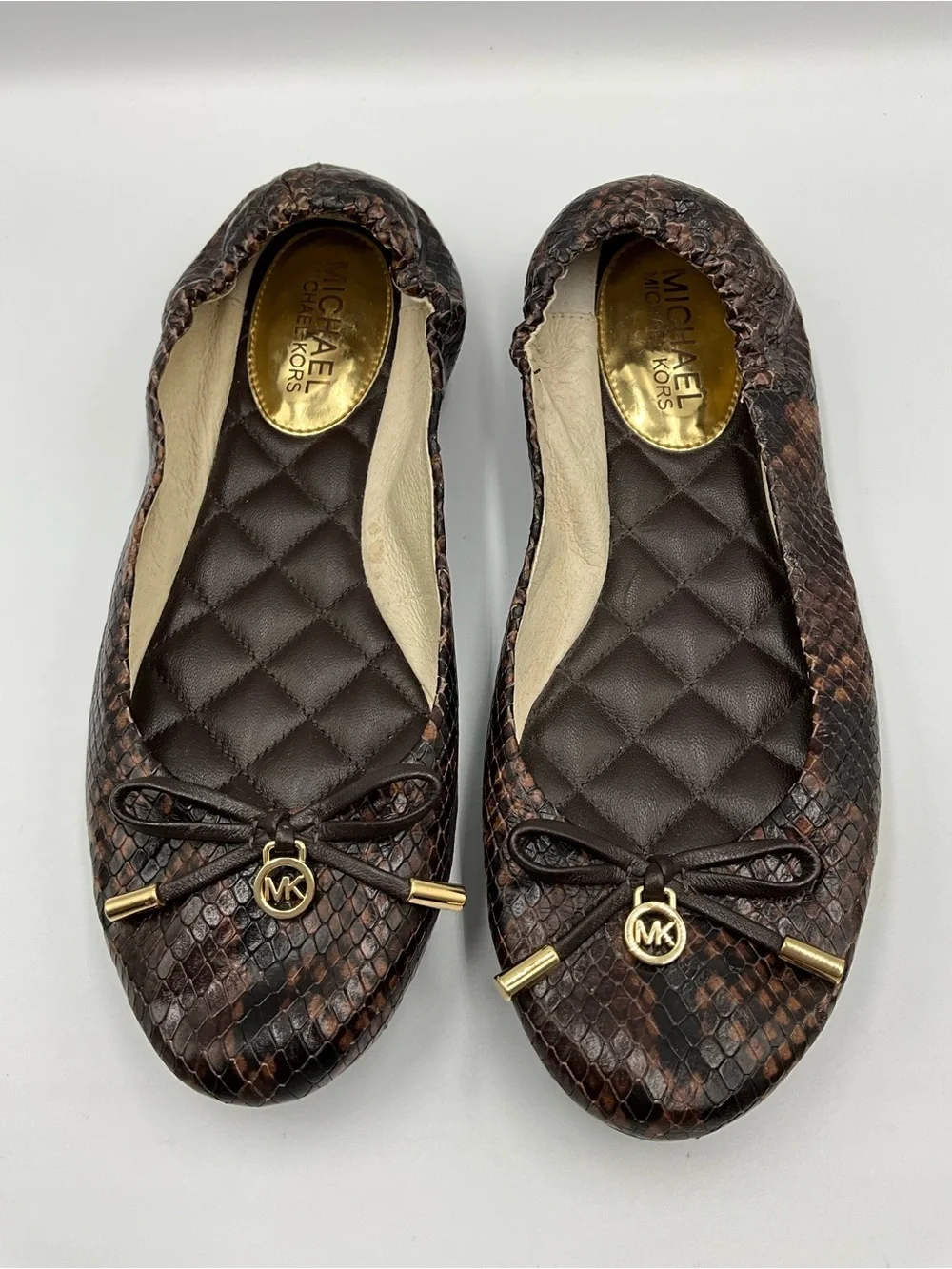 Michael Kors Flats Size 6.5 Brown Snakeskin-Print Ballet Flats with Gold Logo
